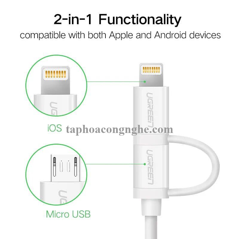 Ugreen 20875 0.5M màu Trắng Cáp sạc đa năng USB sang MicroUSB + Lightning US178 30020875